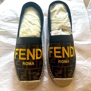 Fendi FF Monogram Print Espadrilles Brown Zucca Monogram Men Sz 5.5 Women 8.5 9